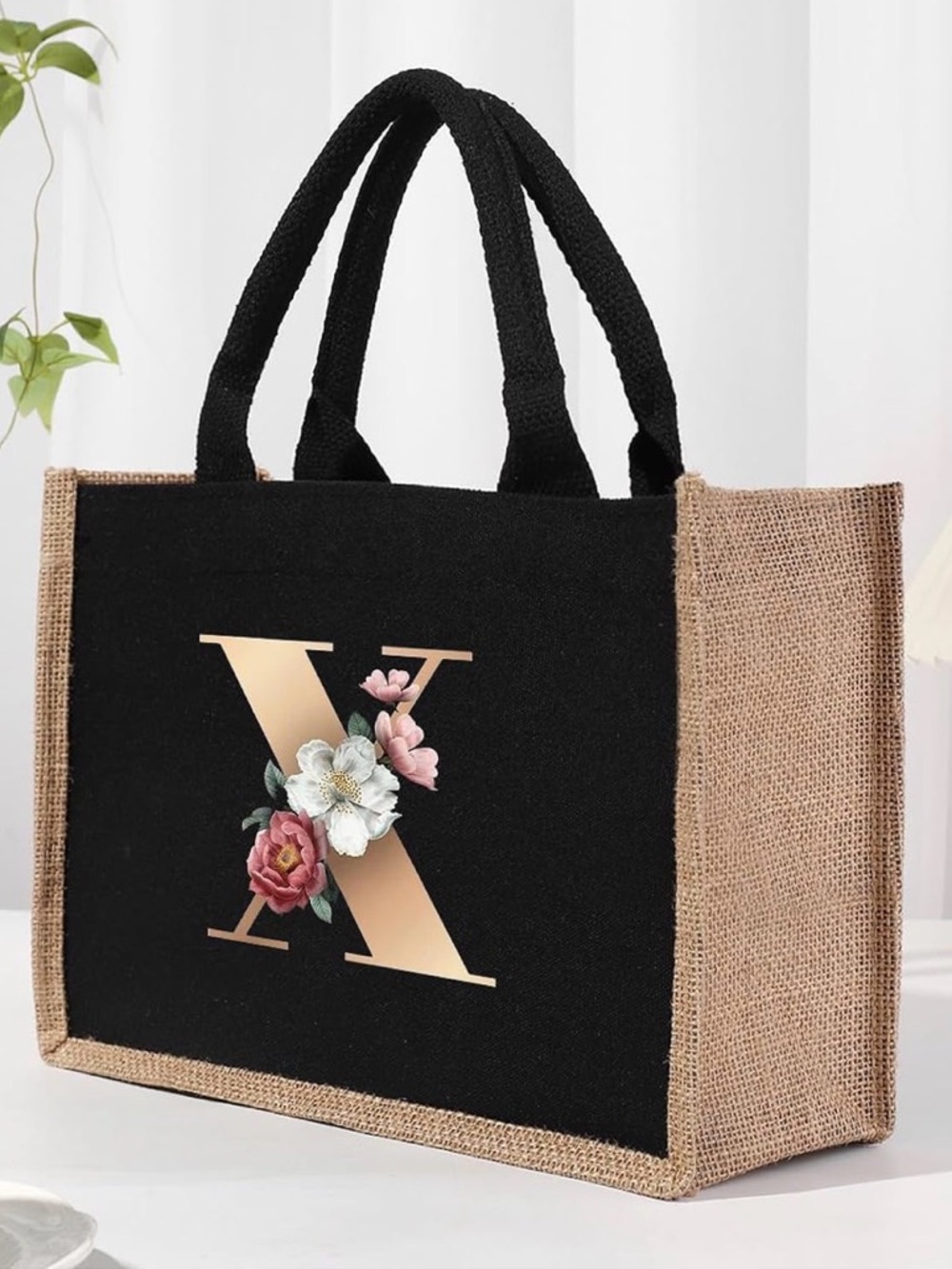 💞 New Black X Initial Floral Canvas Tote Bag